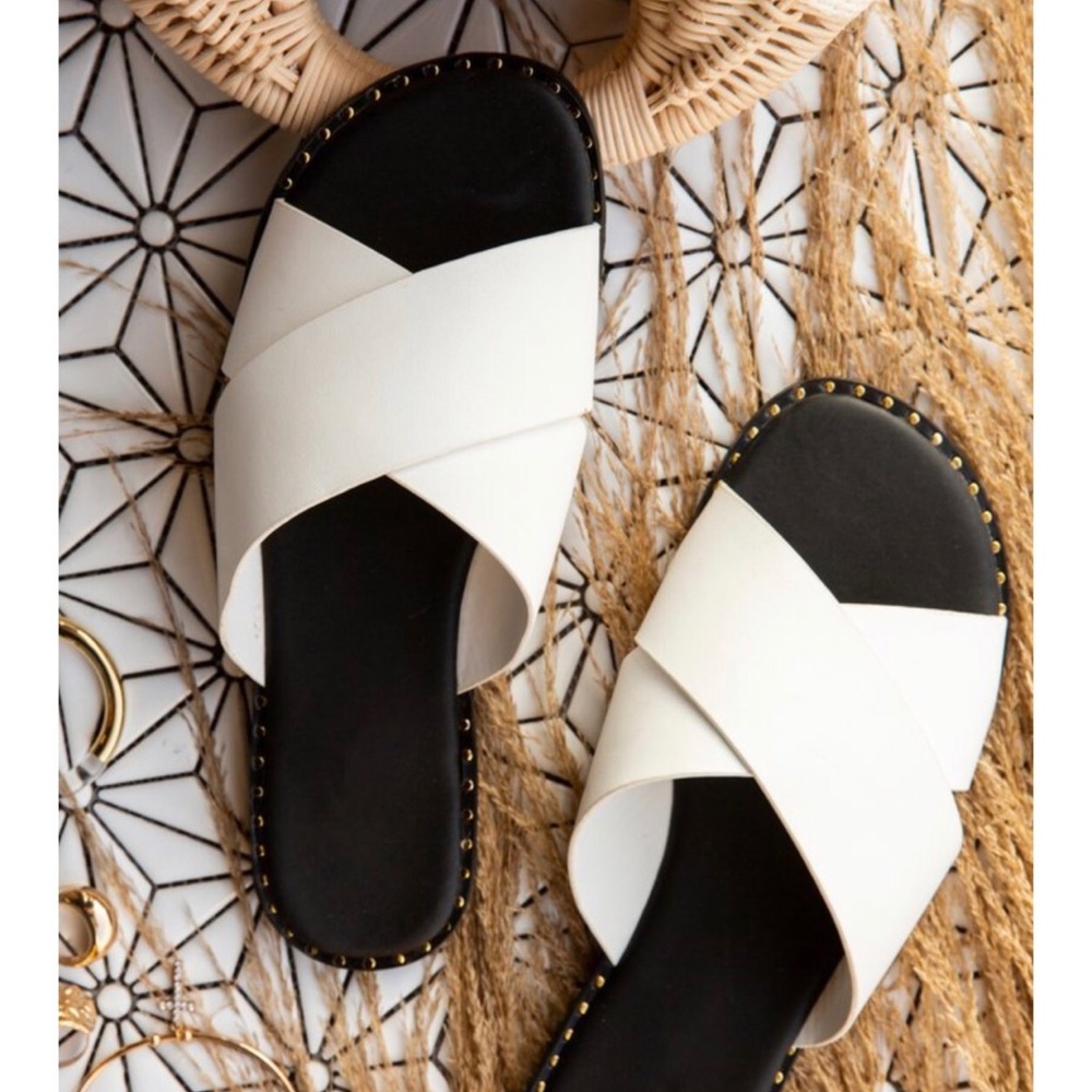 White X Band Studded Slide Flat Sandals - Picture 3 of 8
